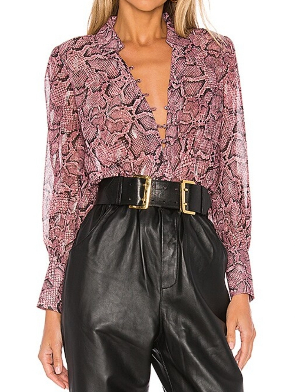 1. State Snake Print Button Down Blouse In Mahogny.